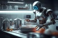 A robot in the role of a cook cooks food in the kitchen. The near future, robots instead of people. Ai