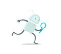 Robot runs alien character with magnifier loupe. With magnifying glass search. Flat color vector illustration stock