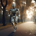 The robot runs through the park. AI generative
