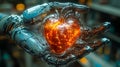 The robot\'s hand holds a glowing heart made in the form of a three-dimensional grid.