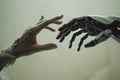 The robot's hand and the human hand touch. Generative AI Royalty Free Stock Photo