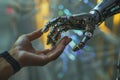 The robot's hand and the human hand touch. Generative AI Royalty Free Stock Photo