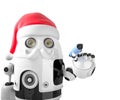 Robot Santa Claus holding a pen. Isolated. Contains clipping path Royalty Free Stock Photo