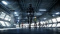 Robot in Sci fi tonnel. Concept of future.. 3d rendering.