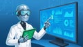 Robot Scientist Analyzing Data on Computer. Royalty Free Stock Photo