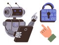 Robot securing digital privacy using tablet with binary code padlock and pointing hand gesture Royalty Free Stock Photo