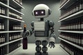 robot, selecting bottle of wine from shelf in chic wine store