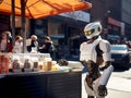 Robot sells or buys at street food booth. Robotic retail assistance. Street food stall in future. Replacing human labor with