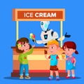 Robot Sells Ice Cream To Happy Boys And Girls Vector. Isolated Illustration