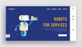 Robot Service, Artificial Intelligence Landing Page Template. Ai Waiter Robotic Assistant Character Serving Clients