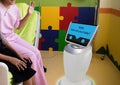 Robot service in medical talk with the patient at patient room i