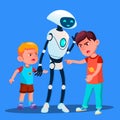 Robot Sets Apart Two Boys Fighting Kids Vector. Isolated Illustration