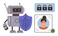 Robot ensuring cybersecurity with facial recognition and data encryption shield Royalty Free Stock Photo