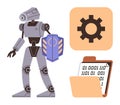Robot with shield, gear icon, and binary code clipboard representing technology and cybersecurity Royalty Free Stock Photo