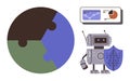 Robot with Shield Safeguarding Data and Graph Analysis Next to Global Puzzle Royalty Free Stock Photo