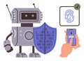 Robot with shield, smartphone unlocking via fingerprint authentication, and secure access icon Royalty Free Stock Photo