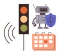 Robot with a shield, traffic light, and calendar symbolizing automation, security, and planning Royalty Free Stock Photo