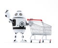 Robot with shopping cart pointing at invisible object Royalty Free Stock Photo
