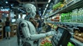 Robot shopping in a grocery store, using touchscreen. generated with AI