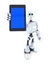 Robot showing touchscreen phone. Isolated. Contains clipping path Royalty Free Stock Photo