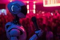 the robot singing in the club on blurred background. Artificial intelect in future life