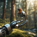 Robot sits in the forest with a robin. Future fantasy in which technology and nature Royalty Free Stock Photo