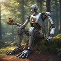 Robot sits in the forest with a robin. Future fantasy in which technology and nature Royalty Free Stock Photo