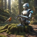 Robot sits in the forest with a robin. Future fantasy in which technology and nature Royalty Free Stock Photo