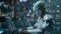 A robot sits in front of a laptop computer, programming and coding to improve its AI capabilities Royalty Free Stock Photo