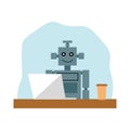 The robot sits with a laptop, vector