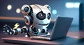 robot sits at a table with laptops in a library.robot works with a laptop.Working robot on the Internet.ai Generated
