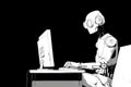 Robot sitting at a computer desk while working on a task in a dark environment Royalty Free Stock Photo