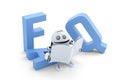 Robot sitting on 3D FAQ sign. Isolated over white background