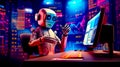 Robot sitting at desk in front of computer monitor and keyboard. Generative AI Royalty Free Stock Photo