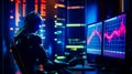 Robot sitting at desk in front of computer screen with chart on it. Generative AI Royalty Free Stock Photo