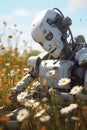 Robot Sitting in Field of Flowers Looks Like Real Life