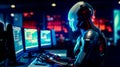Robot sitting in front of computer monitor next to keyboard and mouse. Generative AI Royalty Free Stock Photo