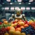 A robot sitting in front of a pile of fruit. Generative AI image.