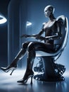 Robot sitting on futuristic armchair in a control room, generative ai illustration, science fiction scenery