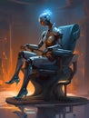 Robot sitting on futuristic armchair in a control room, generative ai illustration, science fiction scenery