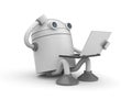 The robot is sitting with laptop and thinking about something Royalty Free Stock Photo