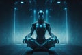 A robot sitting in lotus pose doing Yoga in a modern technology background.