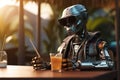 A robot sitting at a table with sunglasses and drinks , created with Generative AI technology