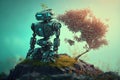 The robot is sitting with a tree sprout. the concept of reviving the earth\'s natural resources