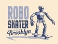 Robot skater rides a skateboard - vintage pop art poster in stamp style