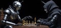 a robot and a skeleton are playing chess together Royalty Free Stock Photo
