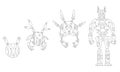 Robot sketchs. Line drawing evolution of robots concept. Vector isometric robots from simple single-task machine to Royalty Free Stock Photo