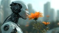 A robot sniffing a flower. The image of a robot sniffing a flower encapsulates the concept that, in the future, robots may