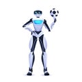 robot soccer player holding ball modern robotic character artificial intelligence technology concept