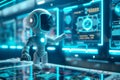 Robot solving complex problem on holographic digital interface screen. Artificial intelligence